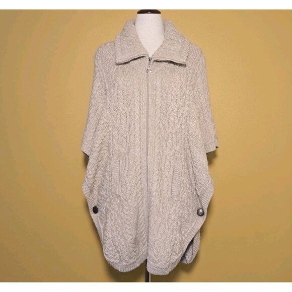 Aran Craft Sweaters - Aran Craft Tan Oatmeal Merino Wool Zip Front Cape New Cable Knit Sweater Cream M